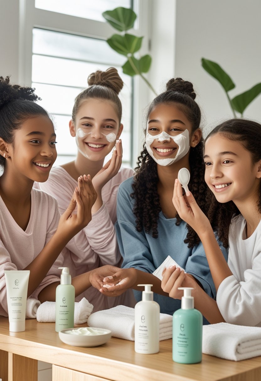 A group of teenage girls with natural skin and simple hairstyles smiling and applying skincare products together in a bright bathroom.